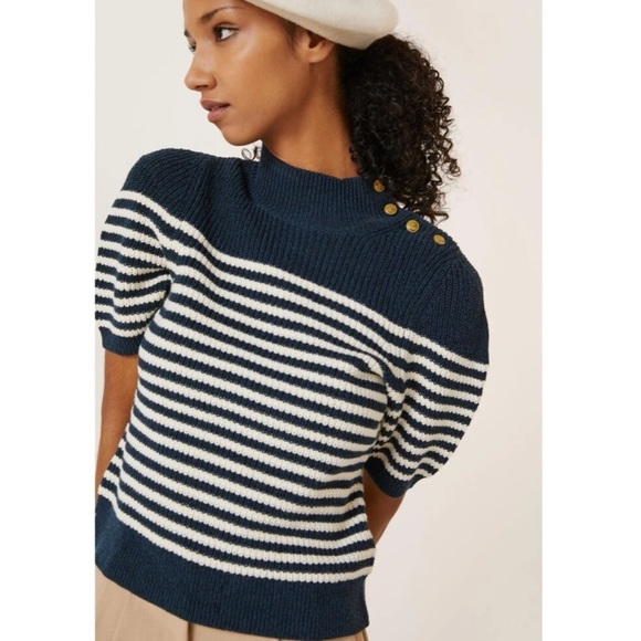 Maeve Stripe Sweater Puff Tee Nautical Navy Blue Sailor Short Sleeve Top Anchor - Picture 5 of 14